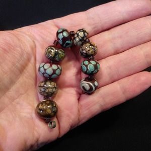Handmade Lampwork Glass Bead Set Jewelry Supply Copper Green n Ivory on Dk Brown